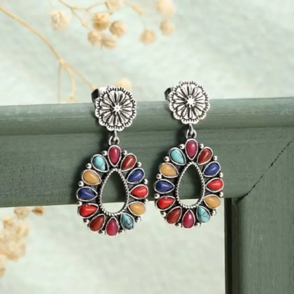 MULTICOLORED SILVER SANTA FE STYLE WATER DROP EARRINGS